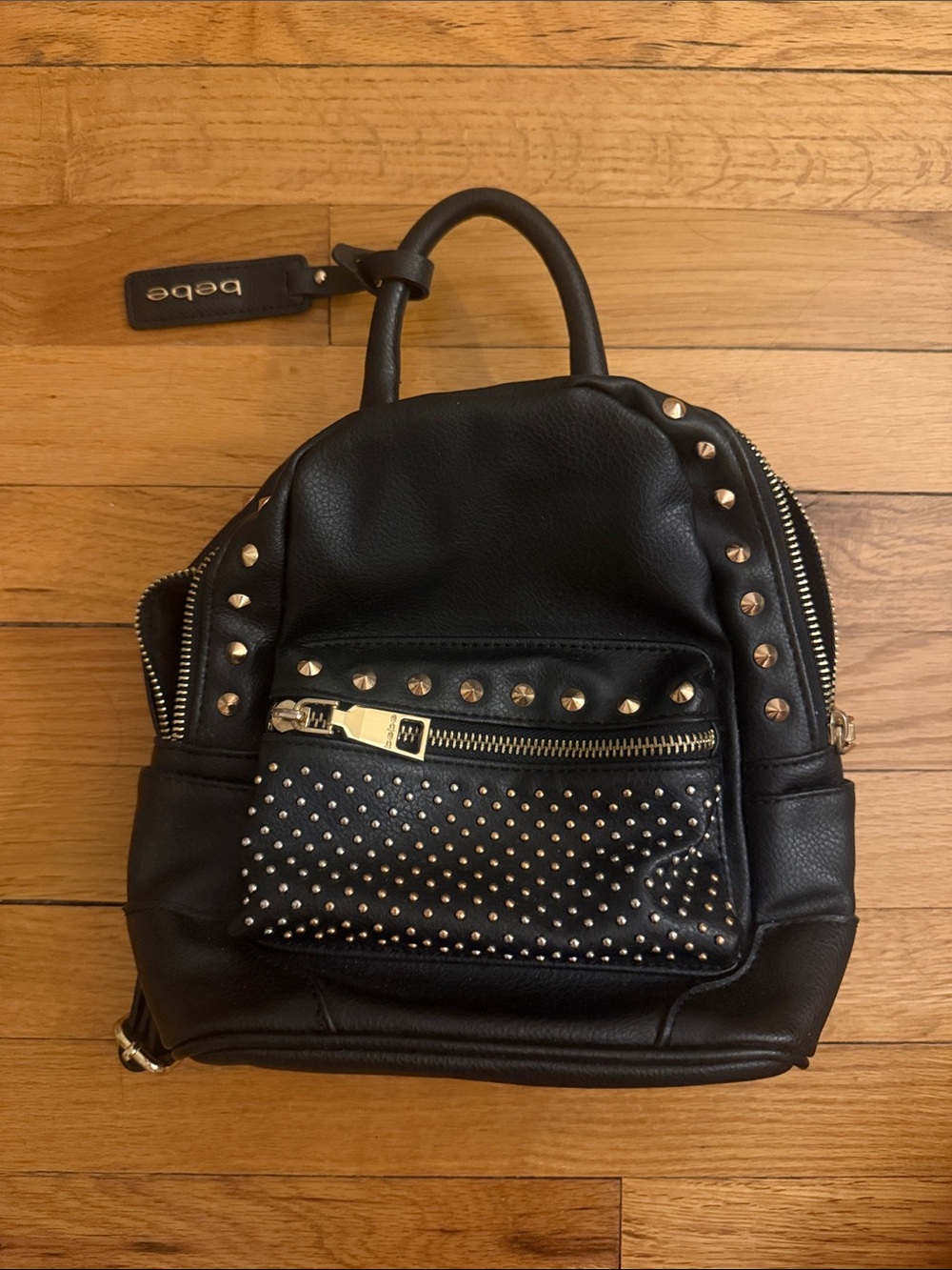 bebe Black Studded Mini Backpack with Gold Hardware